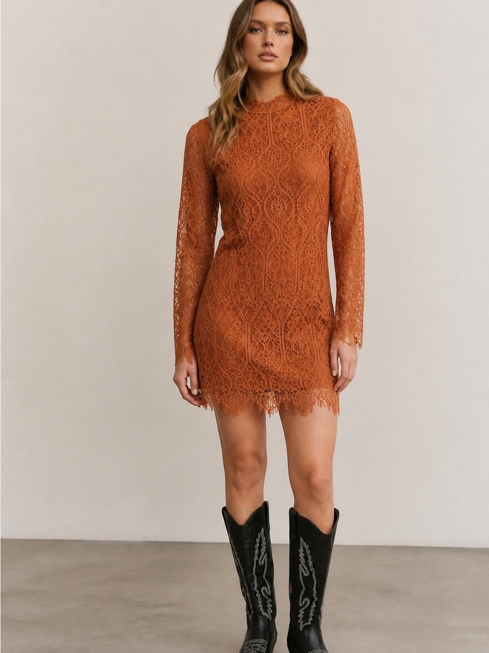 Long Sleeve Lace Mini Dress in Burnt Orange - Picture 2 of 3